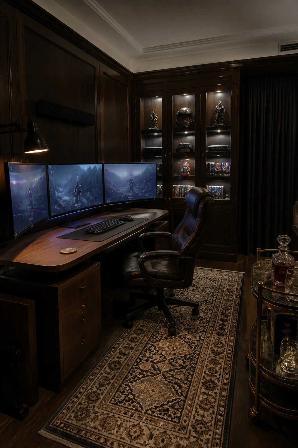 A dark wood-paneled room with three computer monitors on a wooden desk, a leather office chair on a patterned rug, and illuminated built-in cabinets displaying collectibles and games.