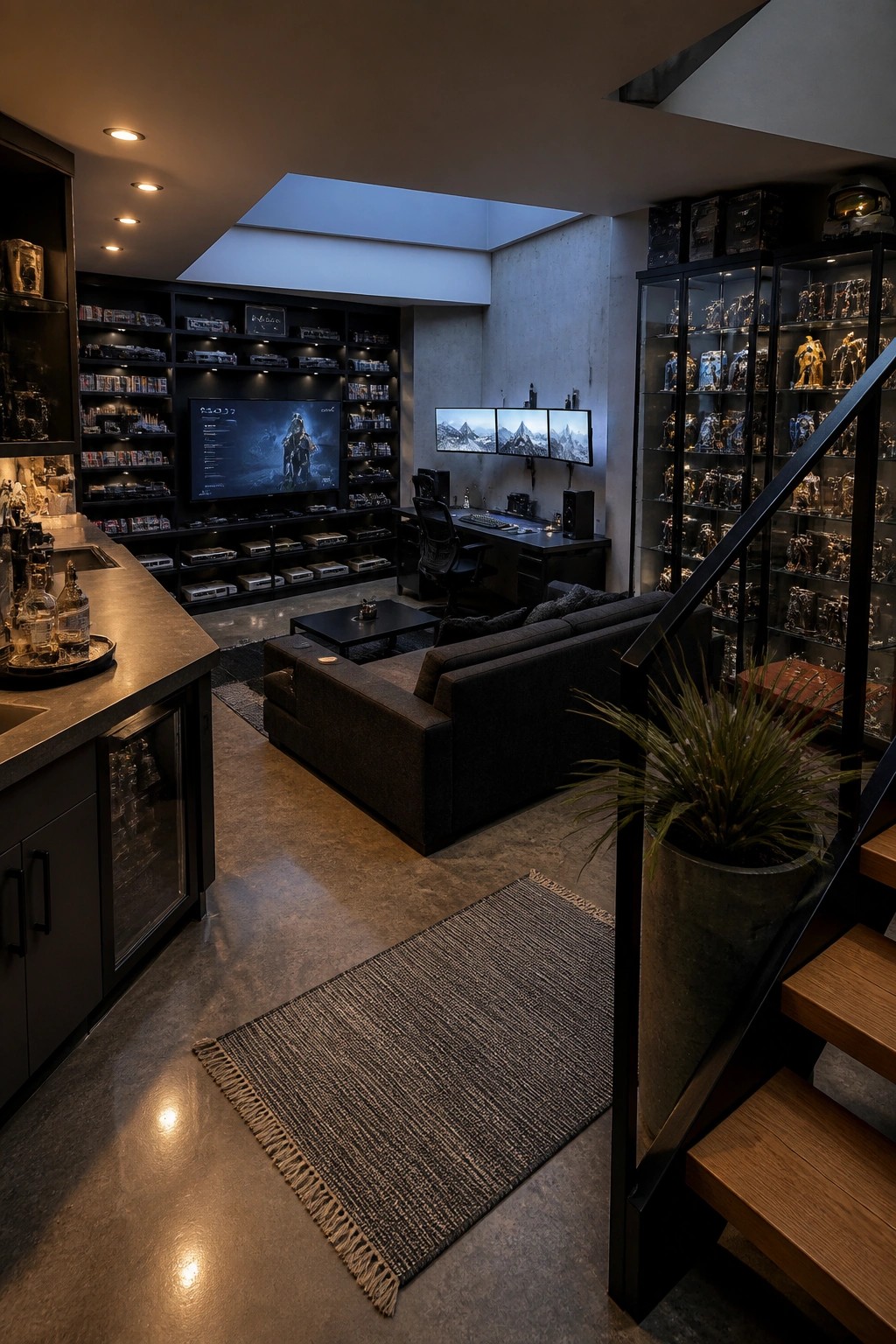 A dark gaming room with floor-to-ceiling black built-in shelves filled with collectible figures and games, a desk with three monitors, a large TV, and a sectional sofa on a polished concrete floor.