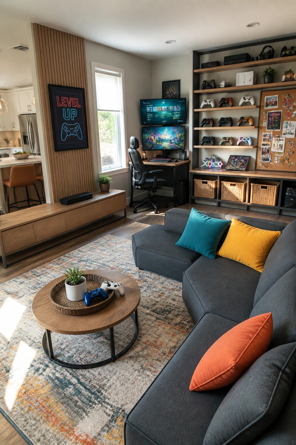 Modern living room with gray sectional sofa, gaming desk, dual monitors, and colorful pillows.