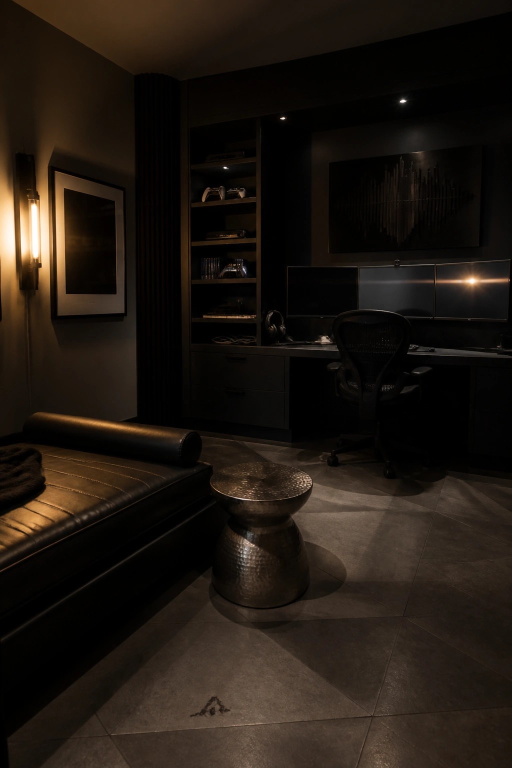 Dark modern room with leather bench, metal stool, gaming chair, and triple-monitor desk.