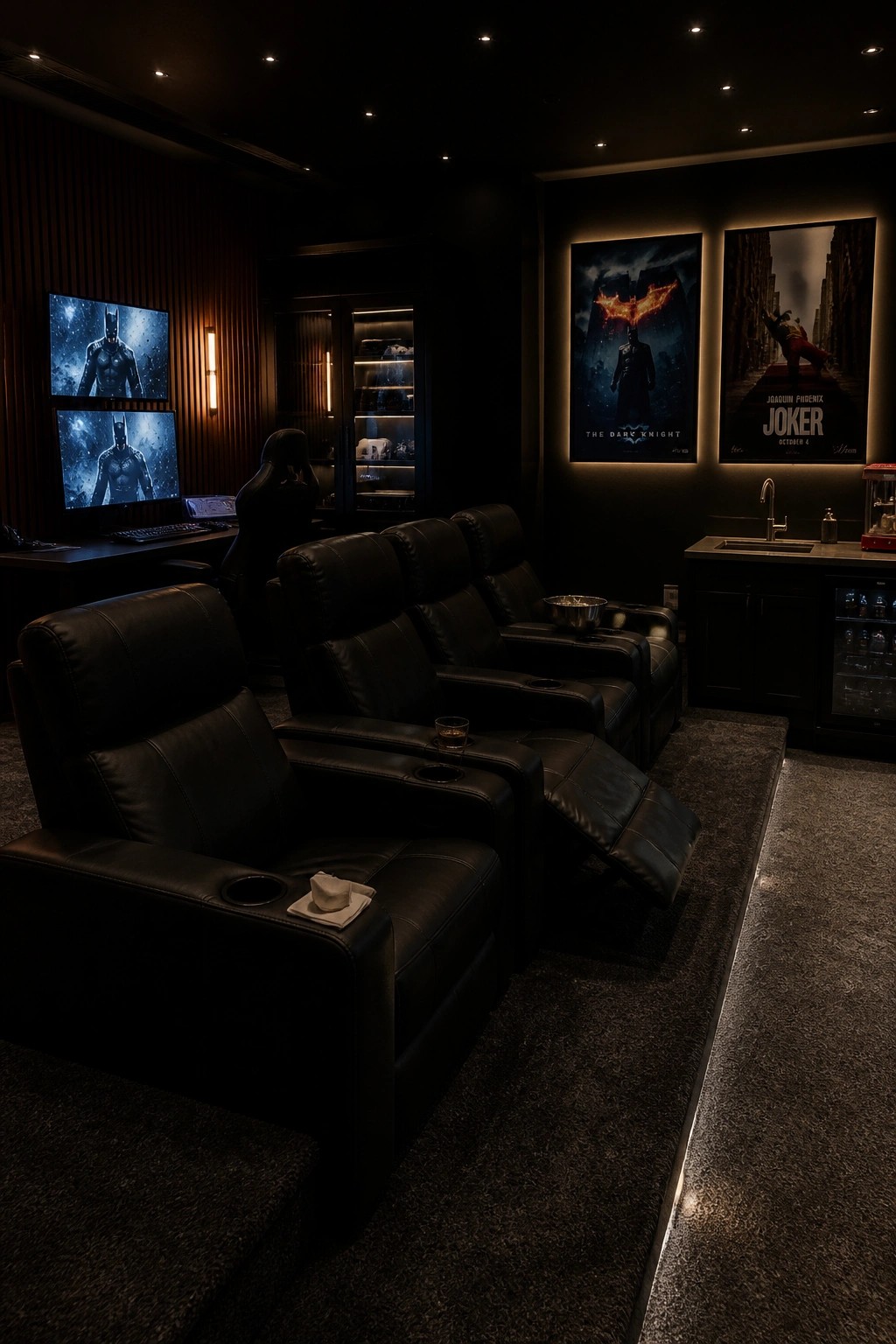 A dimly lit gaming room with three black leather recliners, a desk holding two monitors, and Batman and Joker movie posters on the walls.