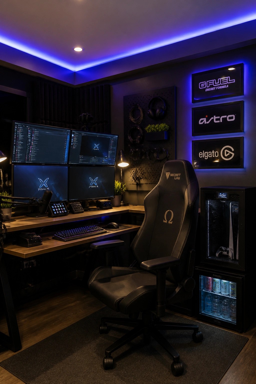 A dimly lit gaming room featuring a black leather chair facing a wooden corner desk with four monitors arranged in a 2x2 grid, a gaming PC tower to the right, and branded wall signs above it.