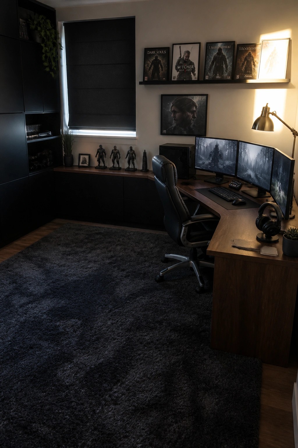 A dark gaming room featuring a large wooden corner desk with three monitors, a black office chair, and game posters on the wall.