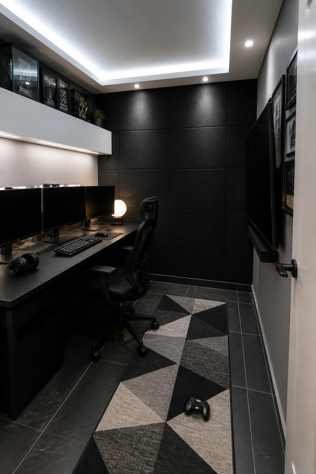 A narrow black gaming room with a long desk holding three monitors, a black ergonomic chair, wall-mounted TV, and a geometric rug on dark tile flooring.
