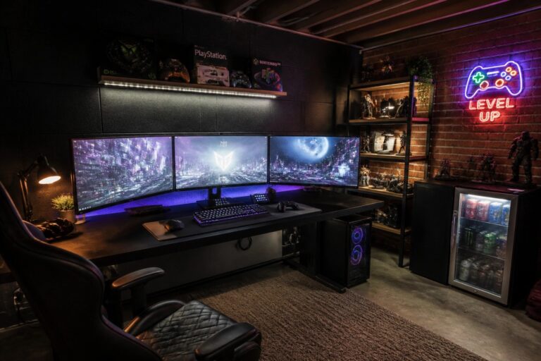 21 High-Tech Gaming Man Cave Ideas Designed for Multi-Screen PC and Console Setups A gaming room interior showing a long black desk with three side-by-side monitors displaying a sunset landscape, a black gaming chair, and shelves holding video game consoles and collectibles against brick walls.