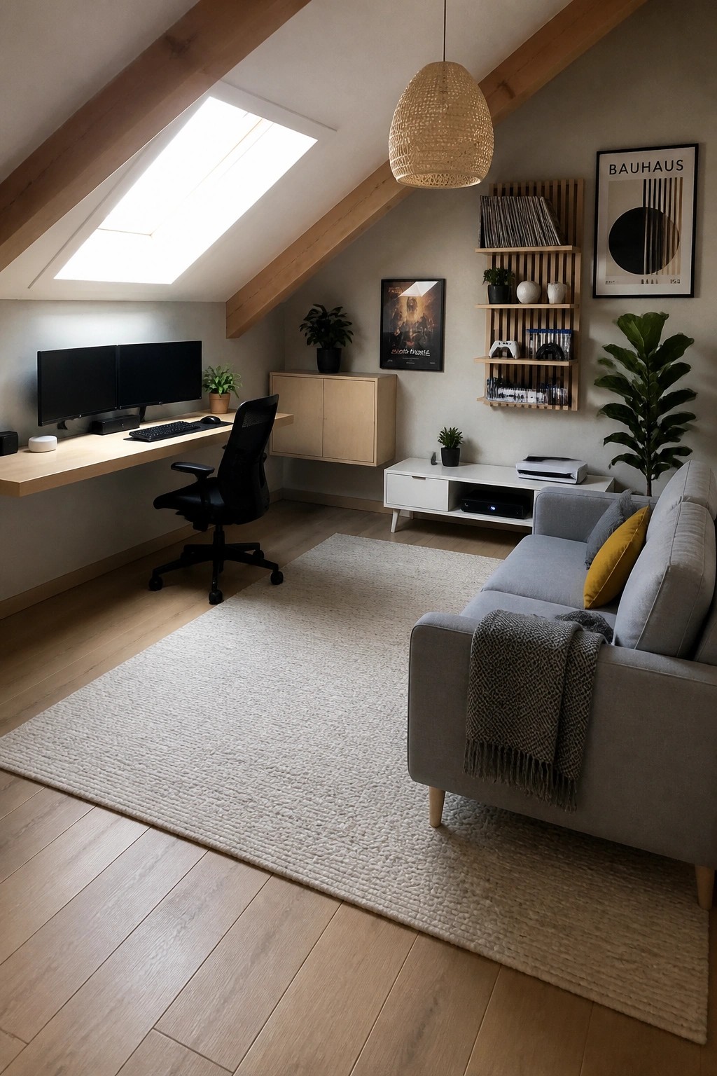 An attic-style room with a long floating wooden desk holding two monitors, a black office chair, a gray sofa with a throw blanket, wooden wall shelves, and a media console under a skylight.