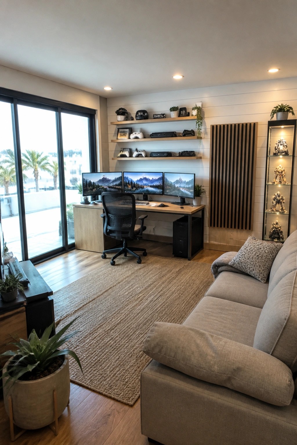 A gaming desk with three monitors, a black office chair, and wooden floating shelves above holding game controllers, helmets, and collectibles in a living room setting.