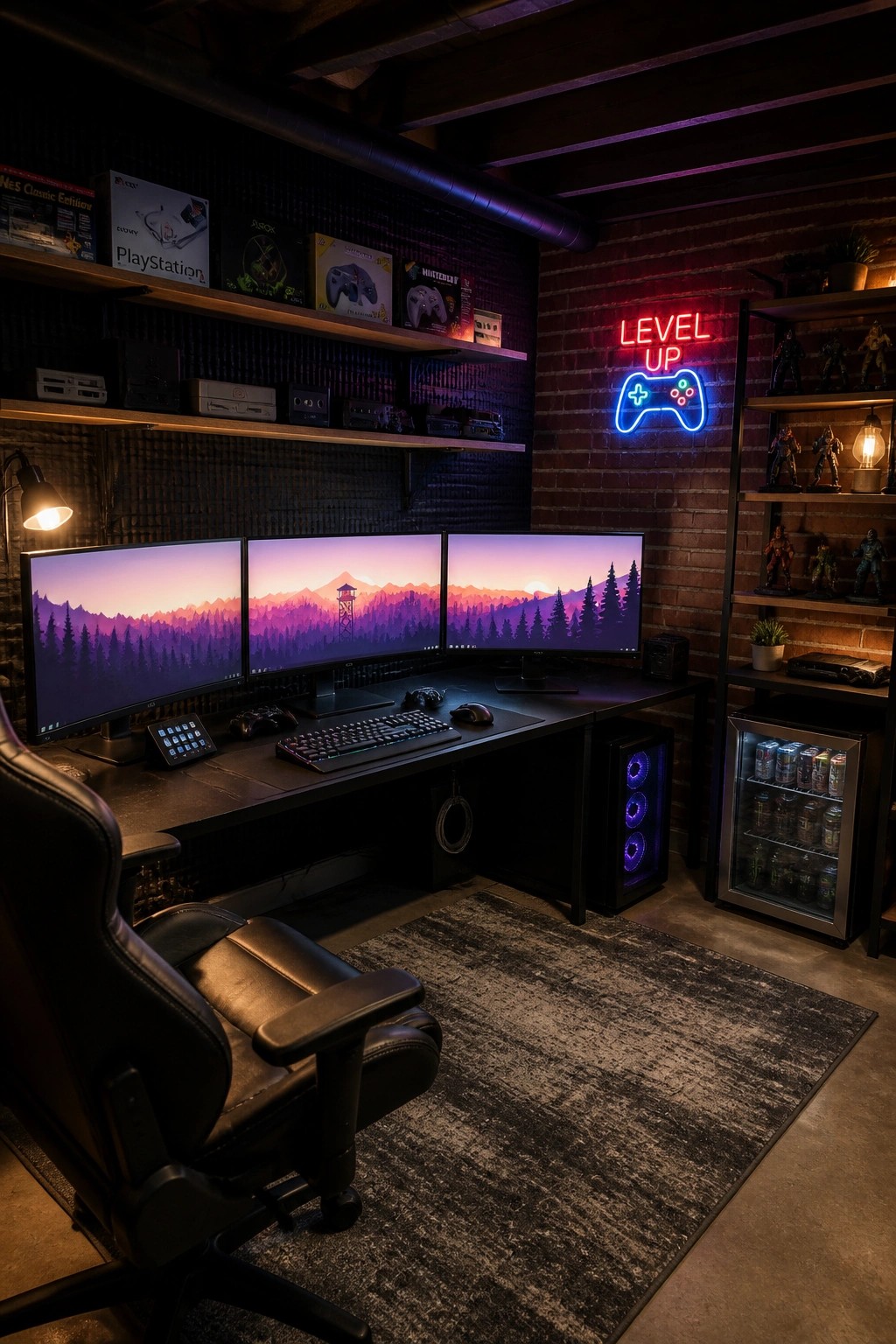 A gaming room interior showing a long black desk with three side-by-side monitors displaying a sunset landscape, a black gaming chair, and shelves holding video game consoles and collectibles against brick walls.