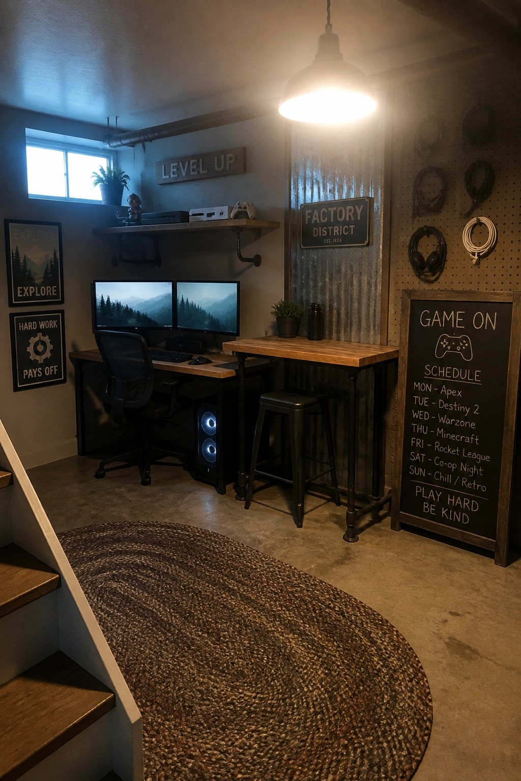 A compact gaming room with a dual-monitor PC desk, black office chair, and a chalkboard listing a weekly game schedule on the right wall.