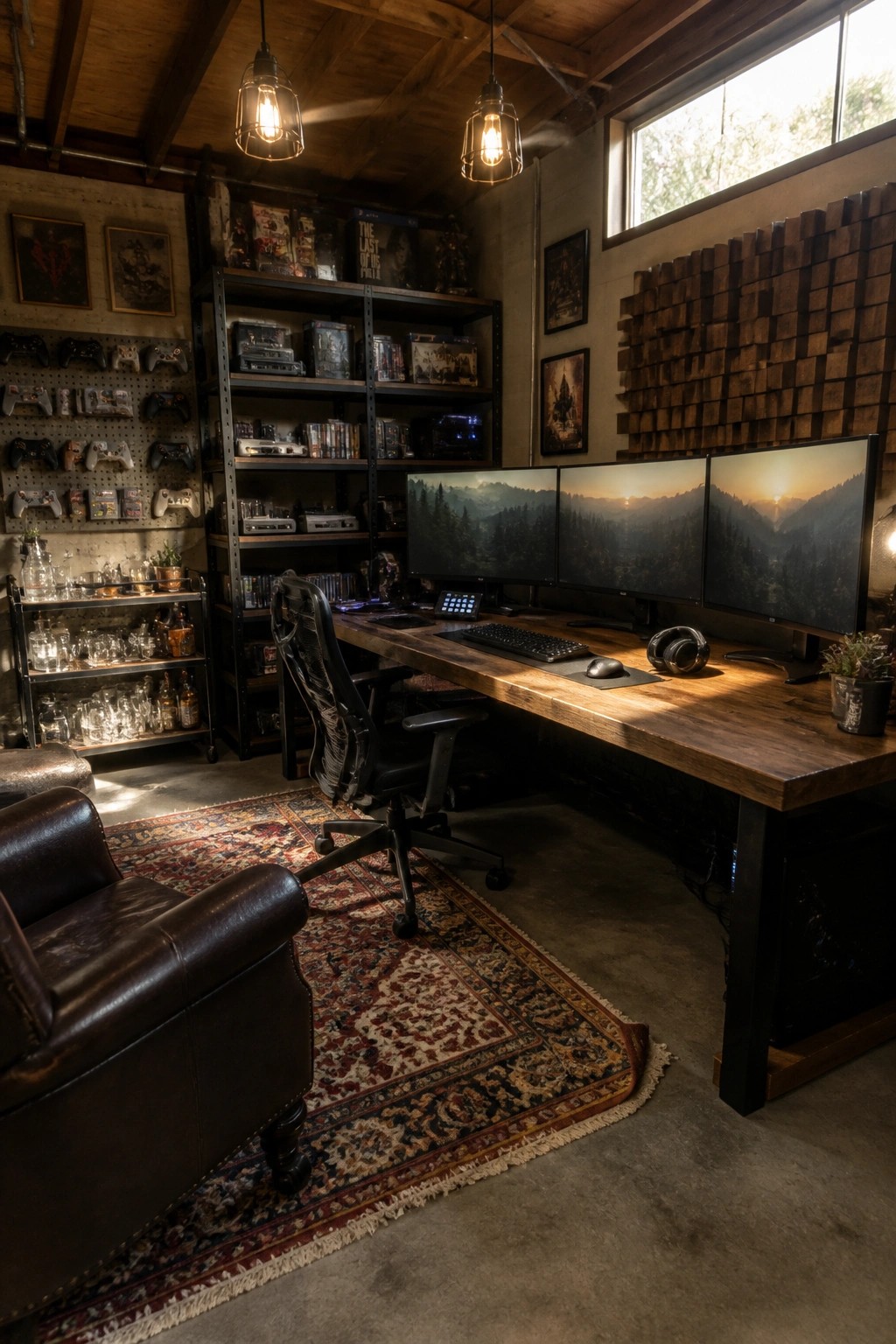 A rustic gaming room featuring a long wooden desk with three landscape monitors, a black ergonomic chair, and industrial-style pendant lights overhead.