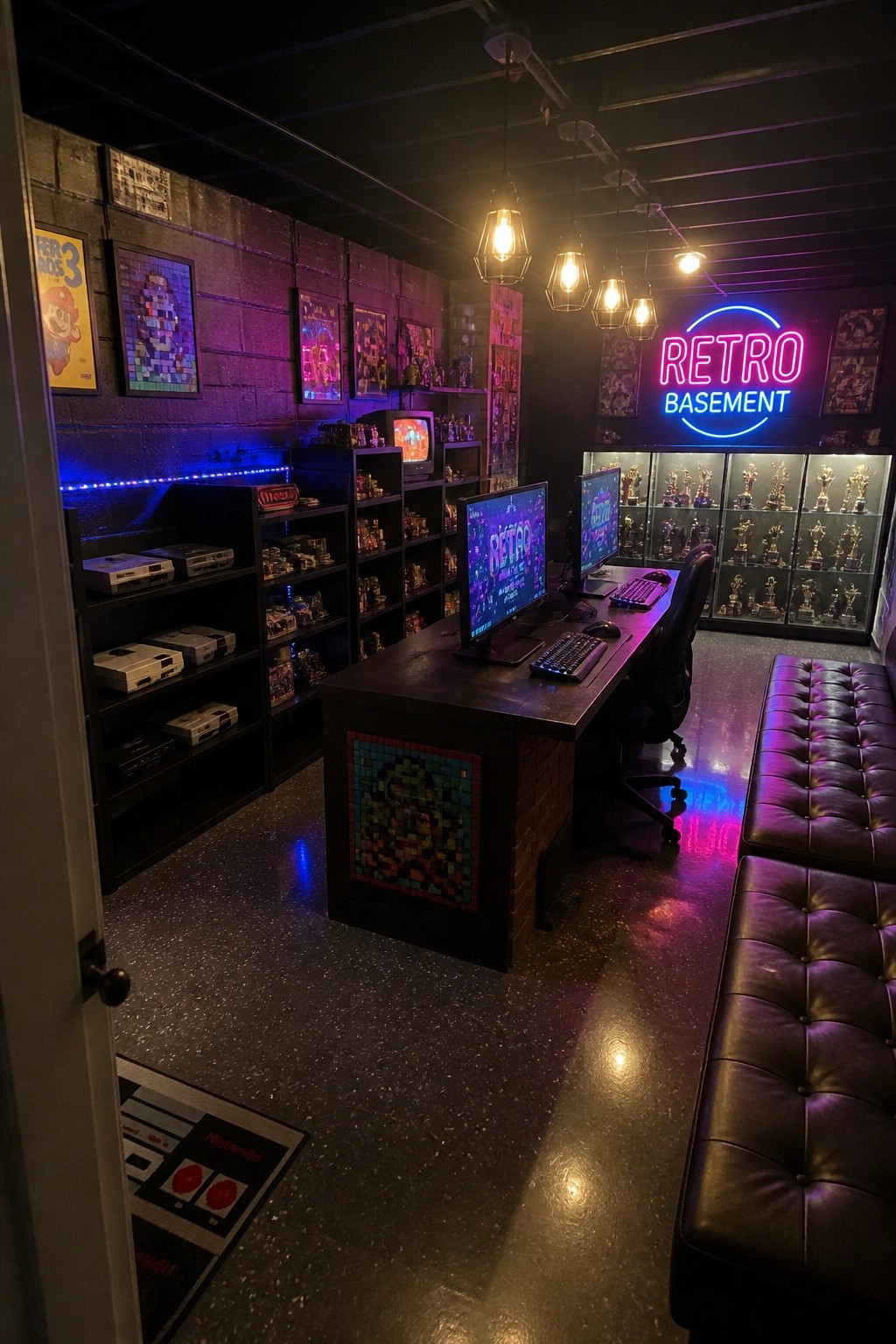 A retro gaming room with black brick walls, multiple black shelving units displaying game consoles and figures, a central desk with two monitors, and a pink neon sign on the back wall.