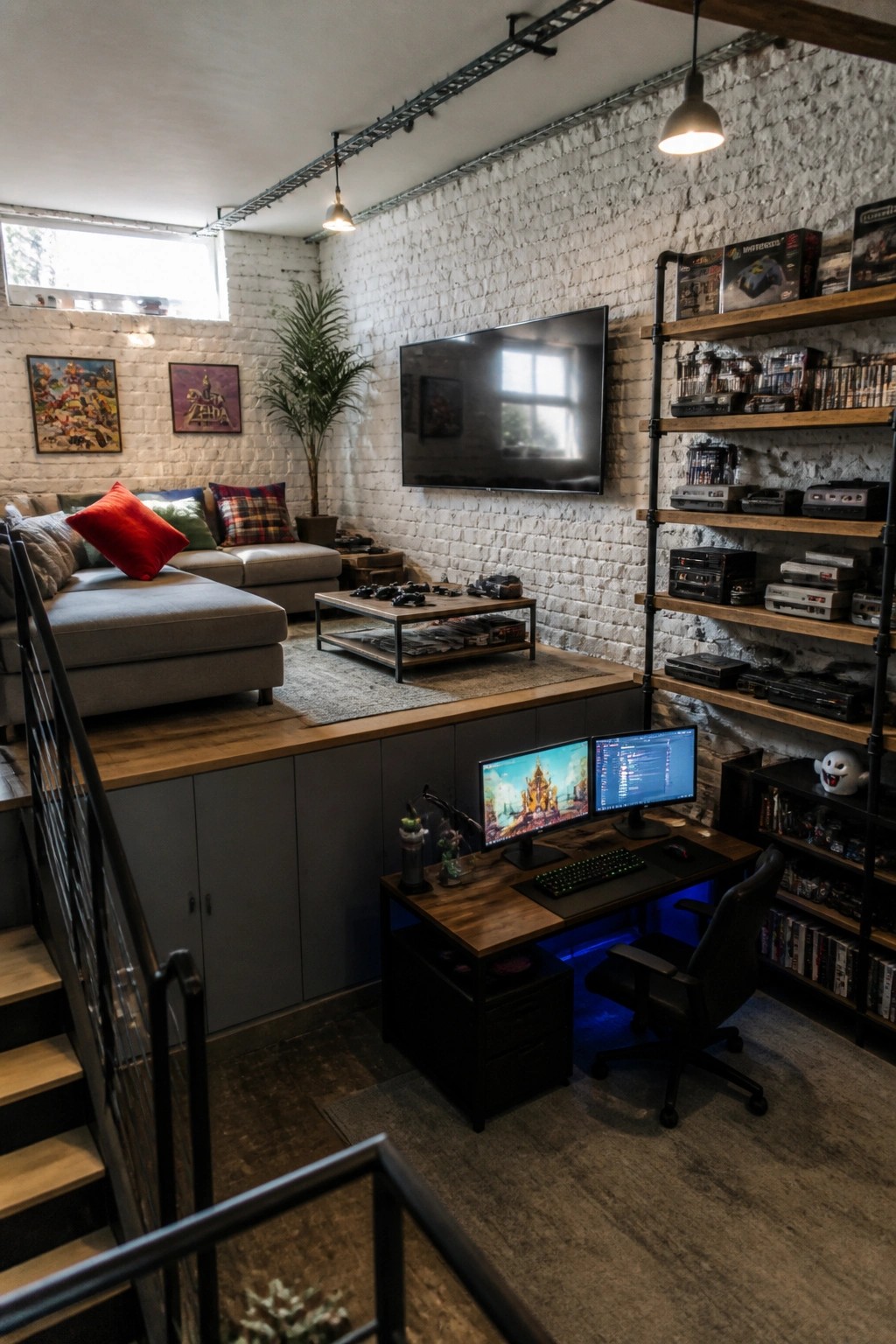 Interior view of a gaming room showing a raised wooden platform with a sectional sofa above a lower desk area with dual monitors and shelving filled with retro game consoles.