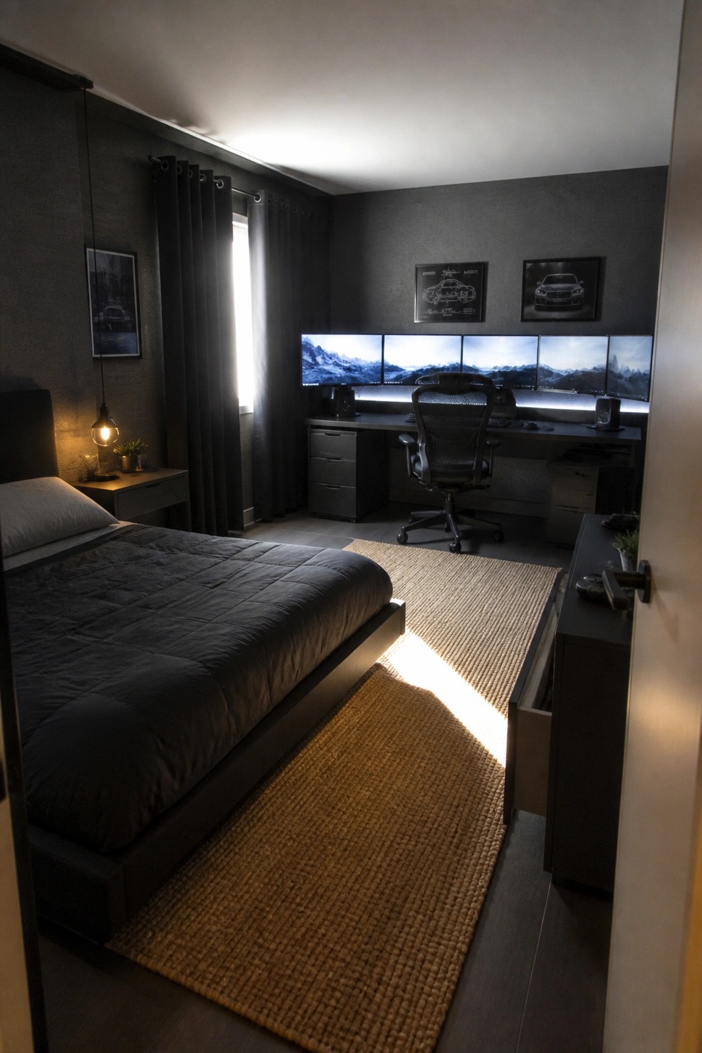 A bedroom with a bed on the left side and a long desk holding five computer monitors on the back wall, a black office chair, and two woven rugs on the floor.