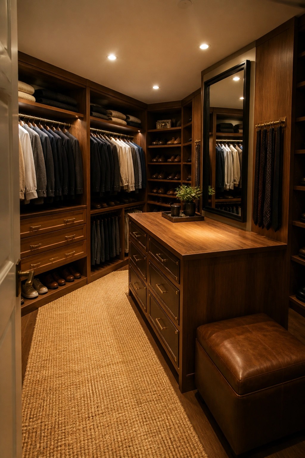 A walk-in closet with dark wood cabinetry, hanging rods, open shelves, a central wooden island with brass pulls, a brown leather ottoman, and a large mirror on the wall.