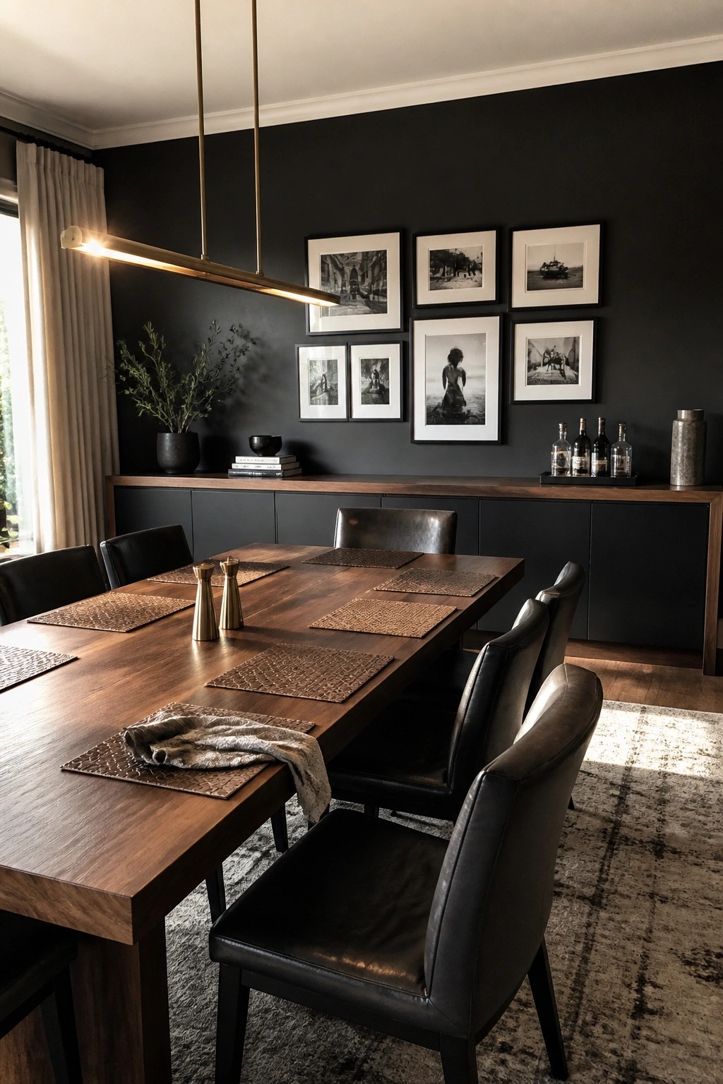 A modern dining room with black walls, a long walnut table, black leather chairs, a brass pendant light, and framed black and white photos above a matching walnut sideboard.