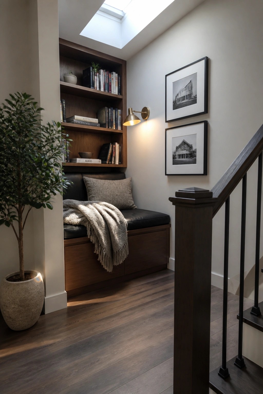 A built-in walnut bookshelf and black cushioned bench under a skylight next to a staircase with framed black and white photos on the wall.