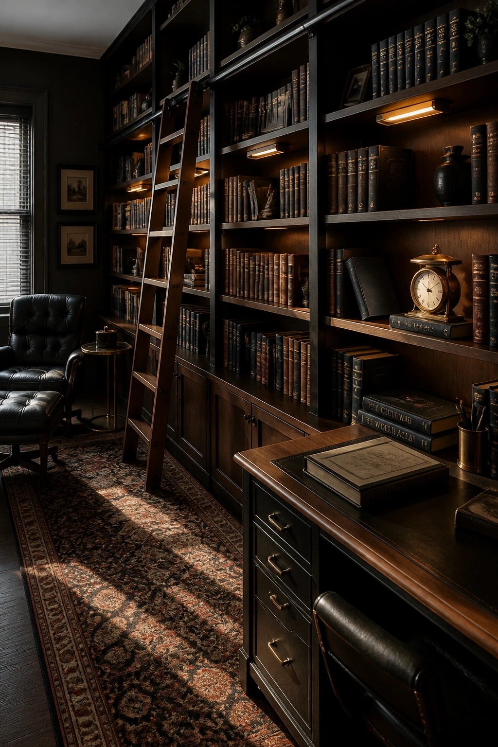 A dark masculine study with floor-to-ceiling walnut built-in bookshelves, a rolling wooden ladder, a wooden desk with books and a brass clock, and a black leather armchair on a patterned rug.