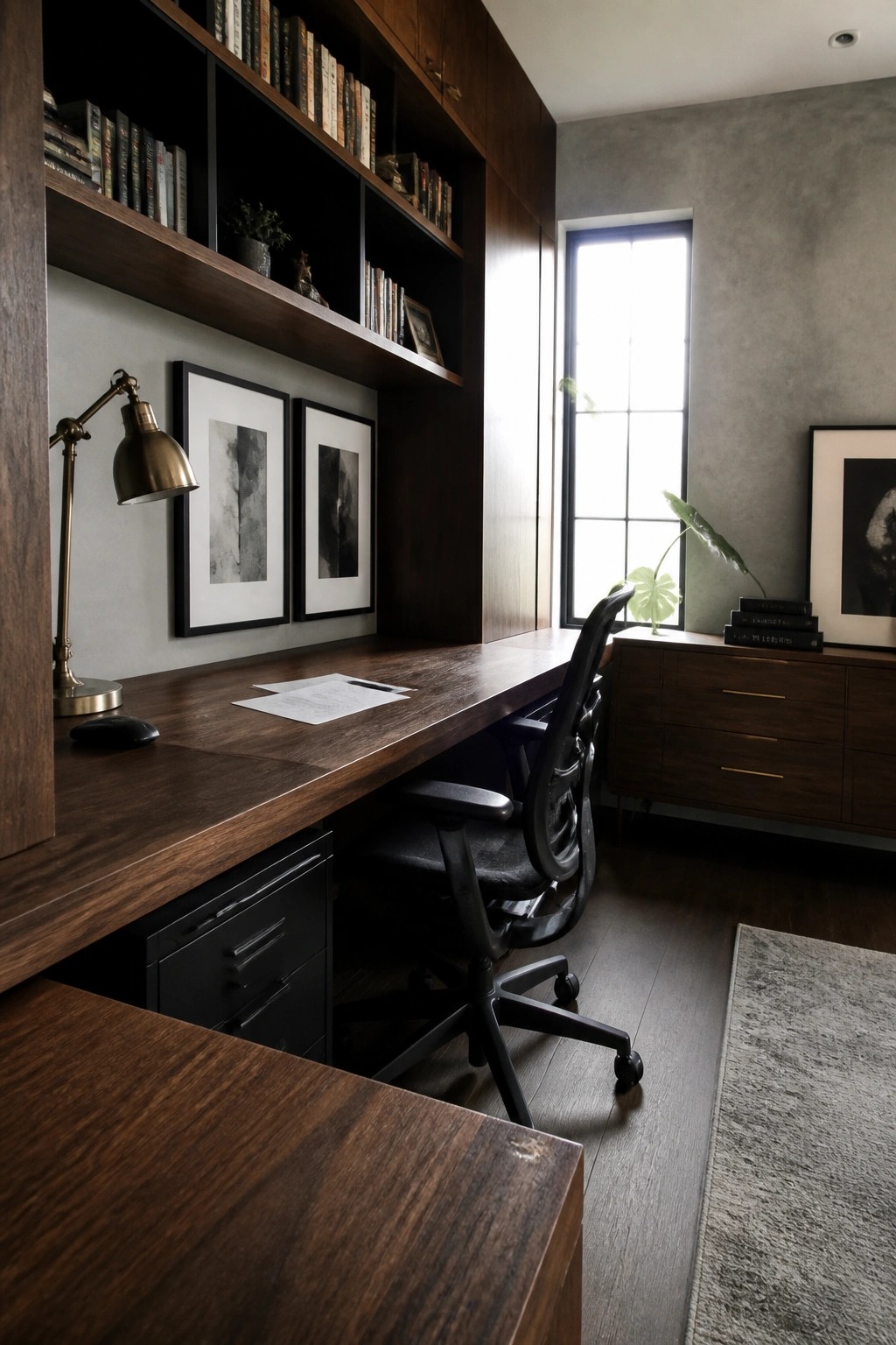 A modern home office with a long built-in walnut desk, black office chair, brass desk lamp, and dark wood shelving units holding books and framed prints.