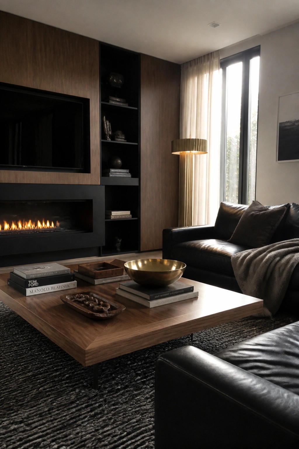 Modern living room with a black fireplace set into a walnut built-in shelving unit, a wooden coffee table holding books and a brass bowl, and a black leather sofa beside tall windows.