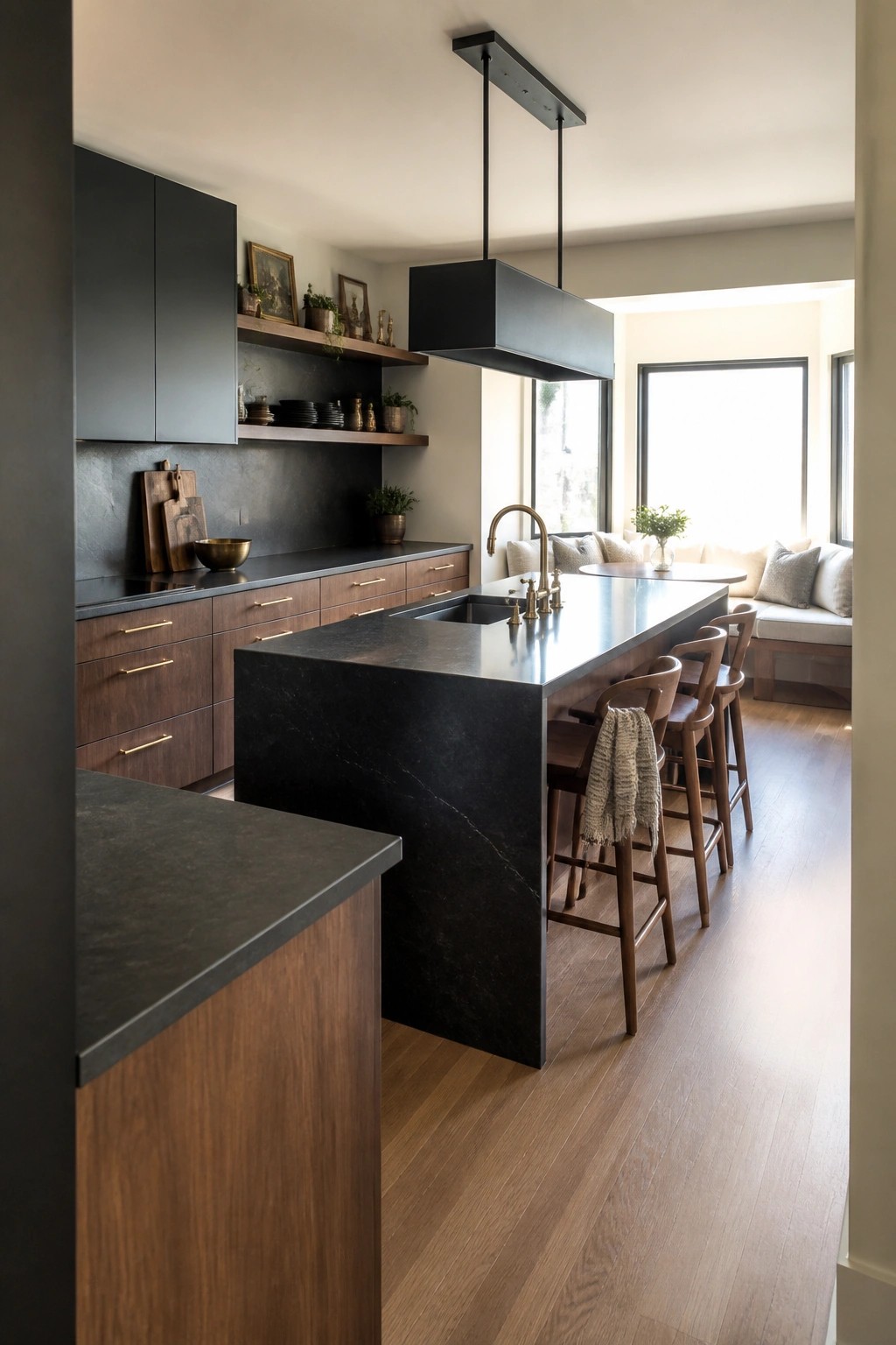 Modern kitchen with black stone island, wooden bar stools, and pendant light