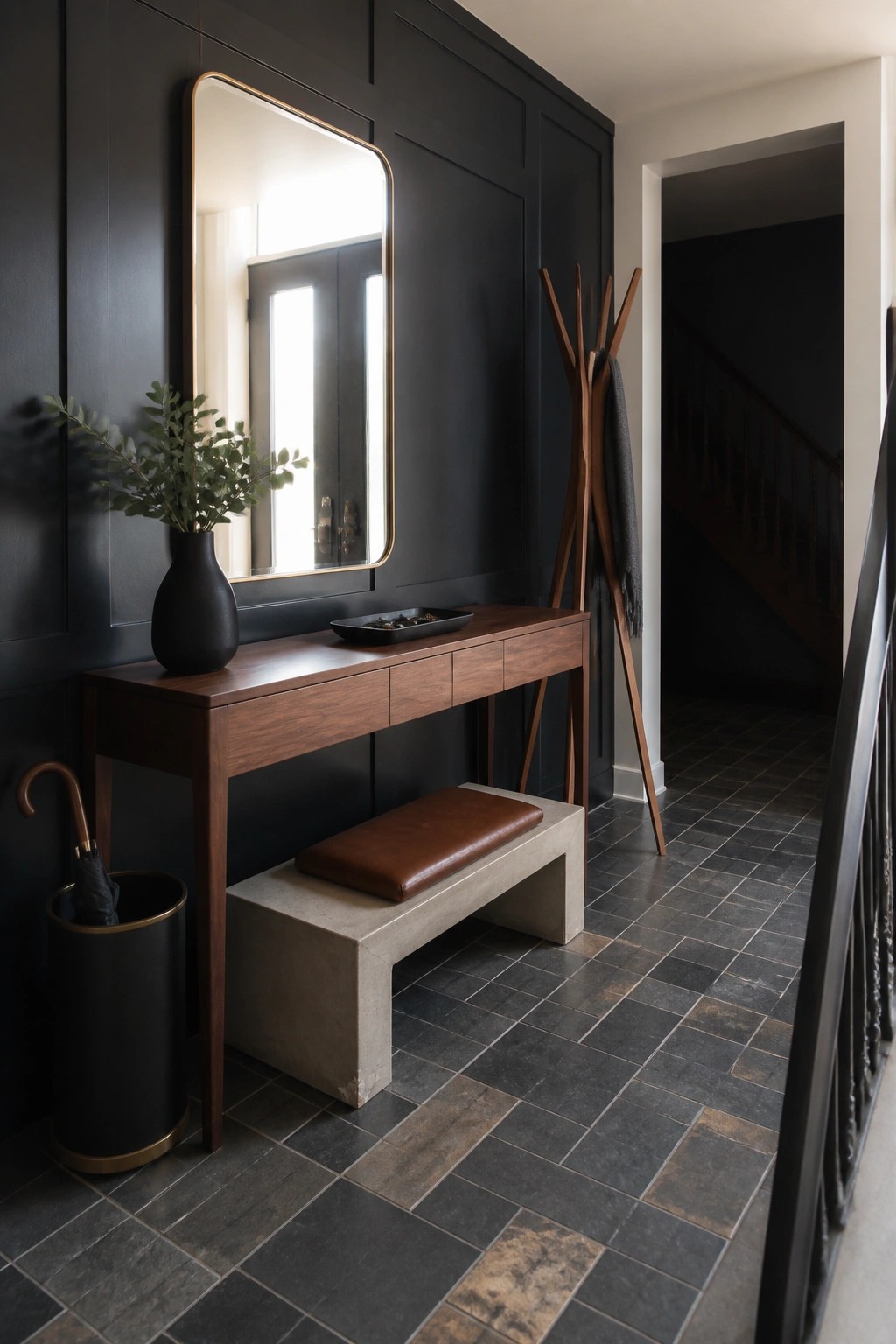 Dark modern foyer with walnut console, gold mirror, concrete bench, and coat rack