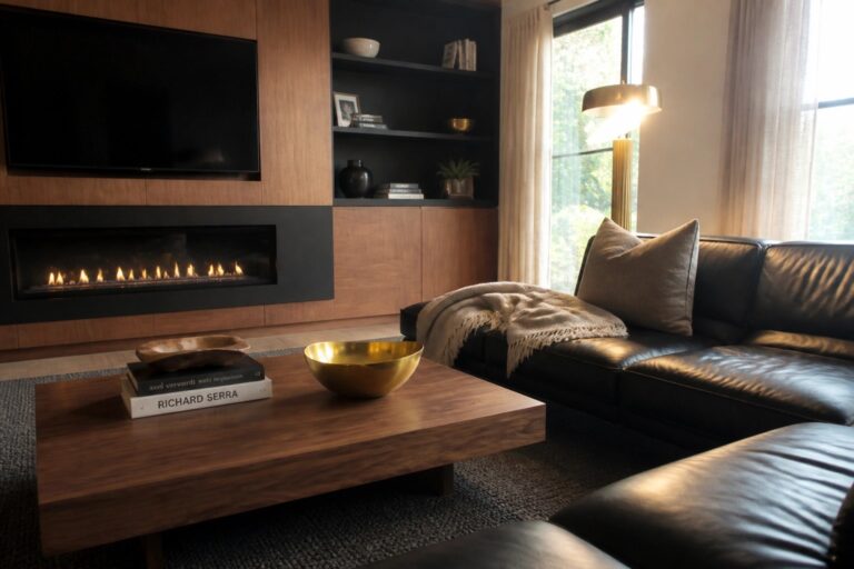 21 Modern Masculine Interior Design Ideas Using Black, Walnut, and Brass Modern living room with a black fireplace set into a walnut built-in shelving unit, a wooden coffee table holding books and a brass bowl, and a black leather sofa beside tall windows.