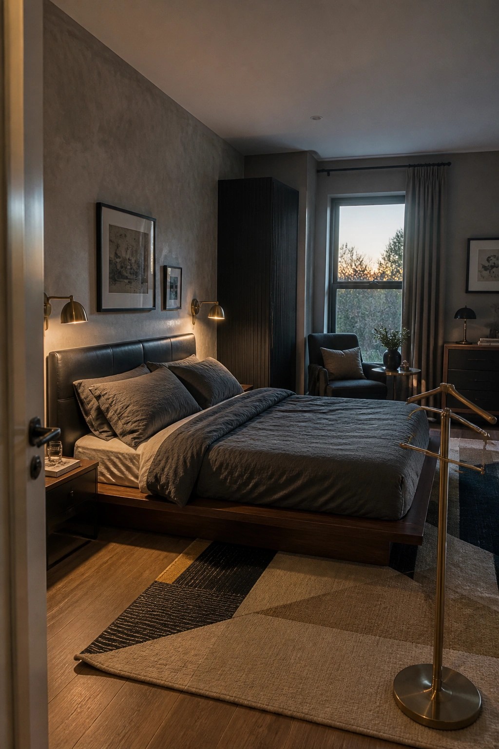 Modern bedroom with dark leather bed, gray linens, lit sconces, and patterned rugs