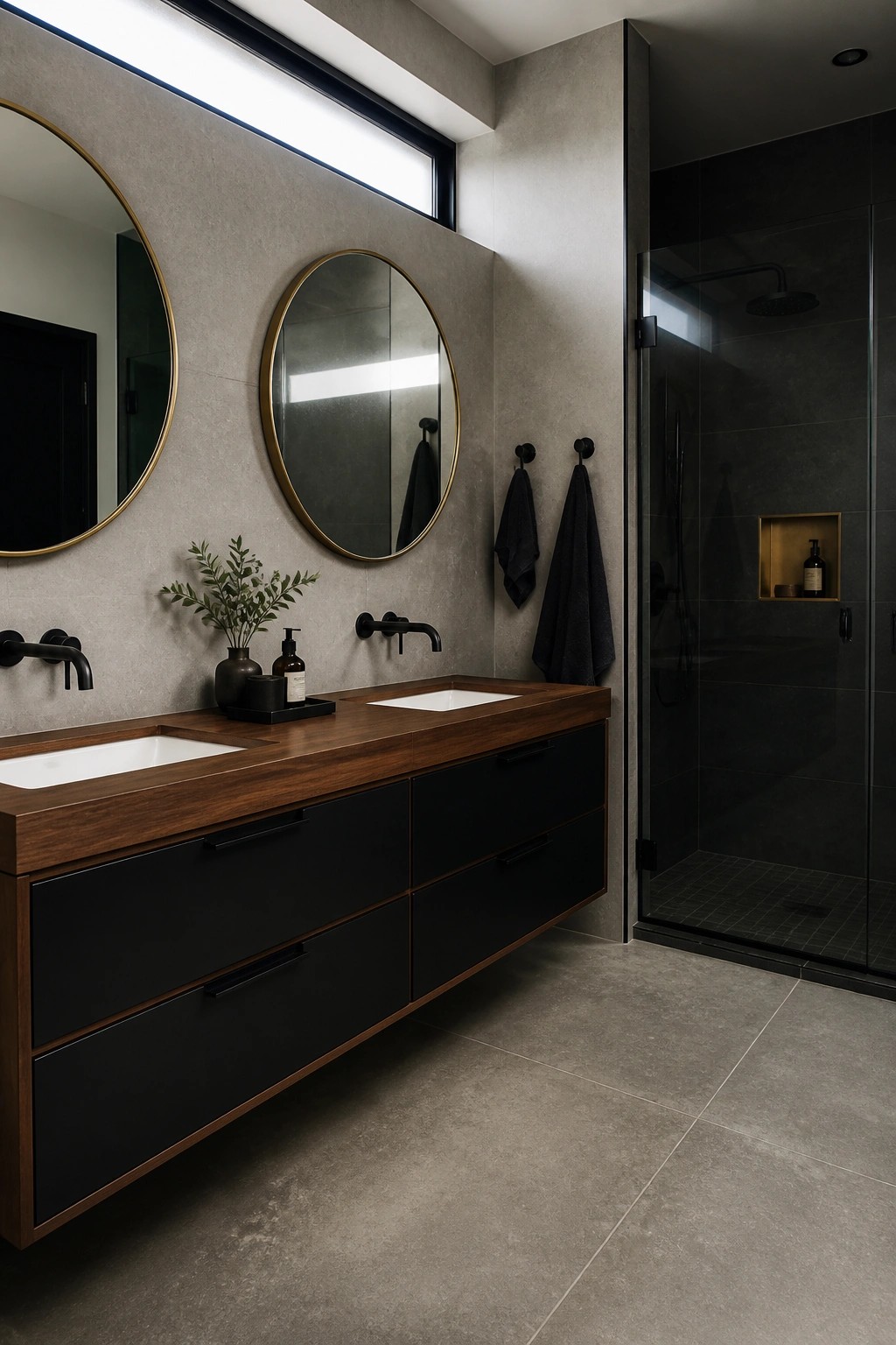 Modern bathroom with double vanity, black cabinets, wood countertop, round mirrors, and glass shower