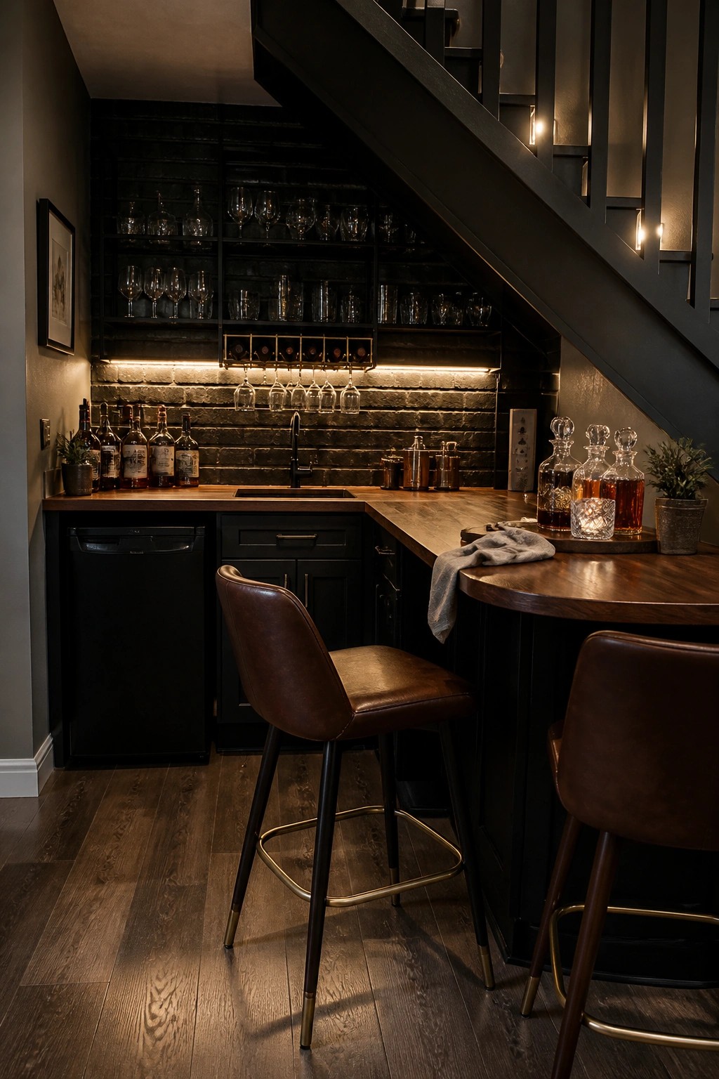 A compact home bar under a staircase with black cabinets, a walnut countertop, brown leather bar stools, and backlit shelves holding glassware and bottles.