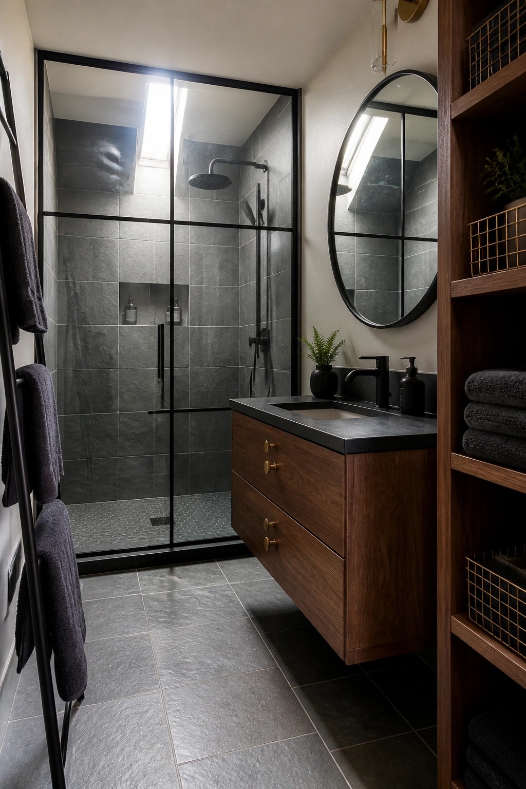 Modern bathroom with dark tiled shower, wooden vanity, and round mirror.