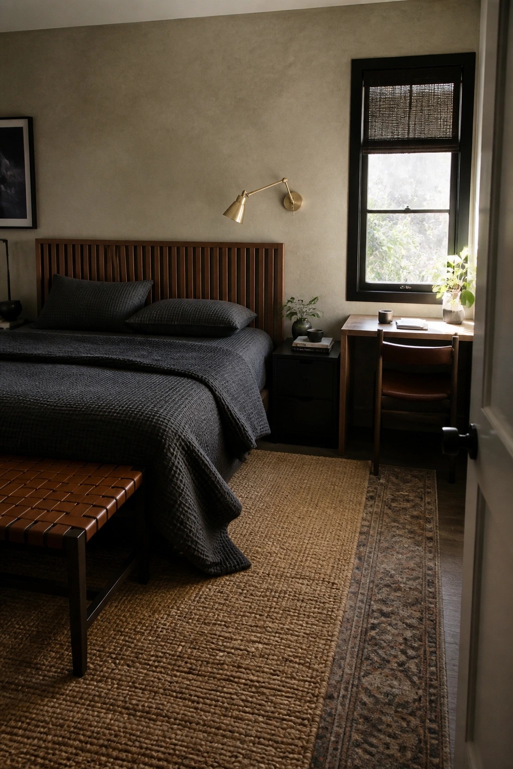 A bedroom with a walnut bed frame, dark gray bedding, a brass wall sconce, a woven leather bench at the foot of the bed, and a small wooden desk under a window.
