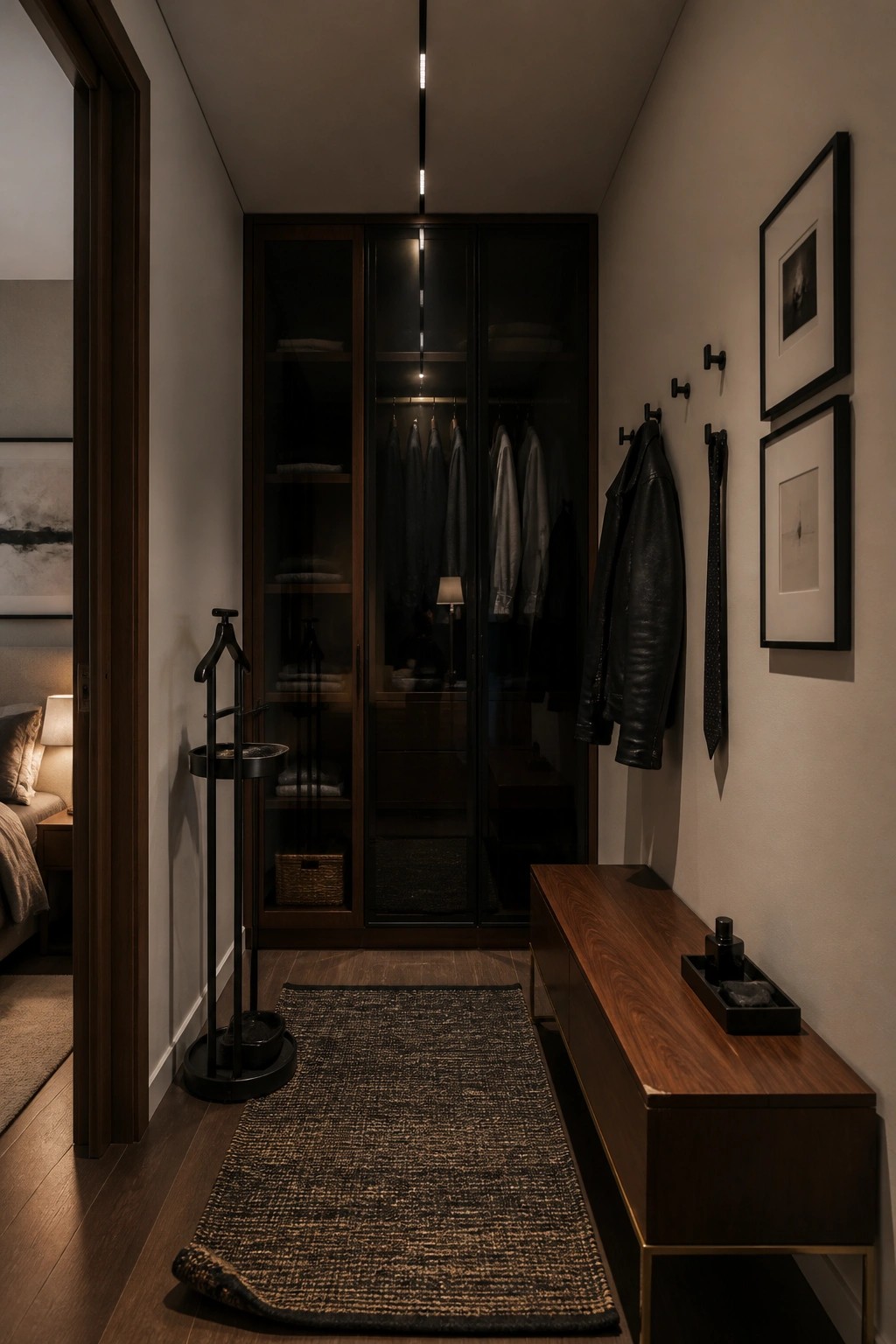 Moody modern closet with dark wood cabinet, leather jacket on hooks, and long rug.