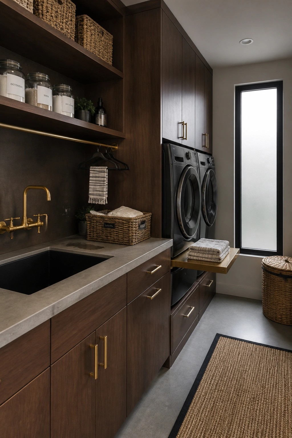 A modern laundry room with dark walnut cabinetry, brass hardware and faucet, a utility sink, black washer and dryer, and open shelving holding woven baskets and labeled glass jars.