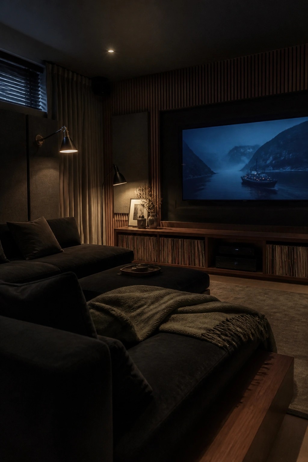 A dark living room with a black sofa facing a television mounted above a long walnut media console that holds vinyl records and electronics.
