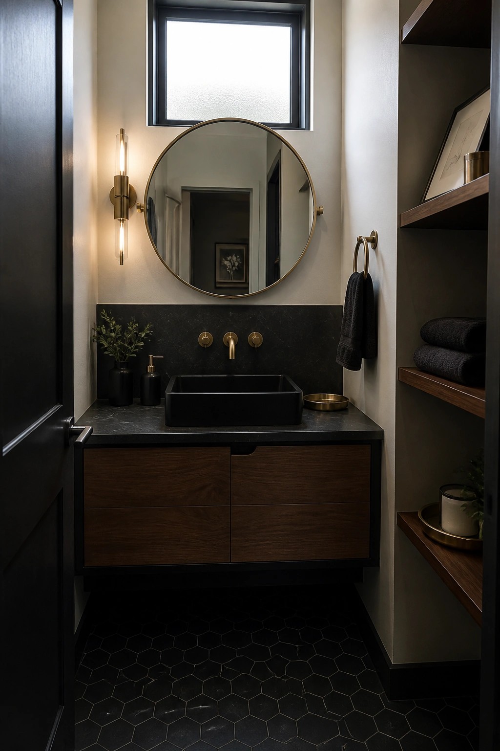 Modern dark bathroom with black vanity, round gold mirror, and hexagonal tile floor.