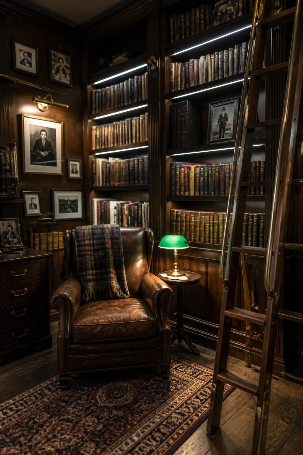 A brown leather armchair draped with a plaid throw faces dark wooden bookshelves fitted with LED strip lights, with a green task lamp on a nearby table and a wooden ladder leaning to the right.
