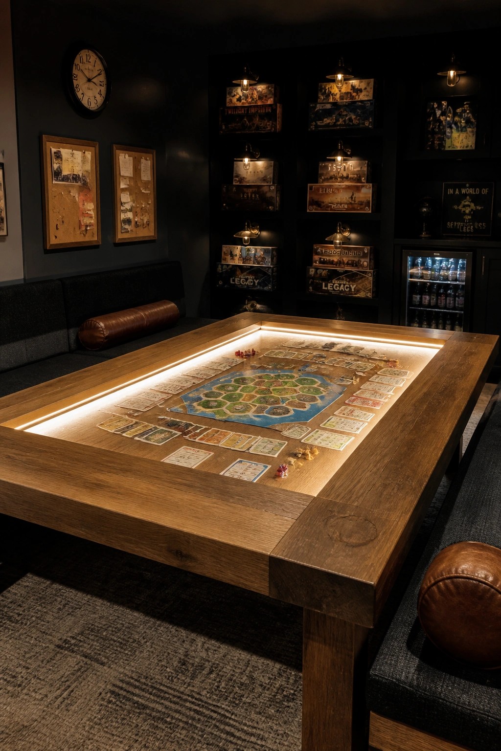 Illuminated board game on large wooden table in dark game room with shelves