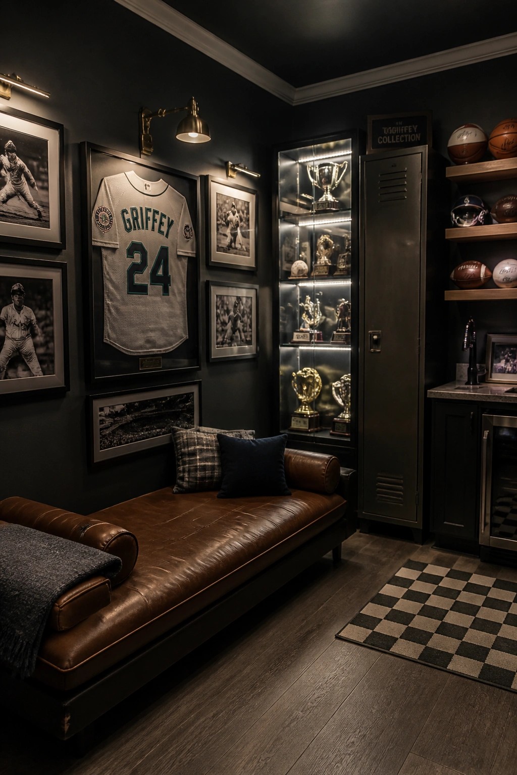 A moody interior room with dark walls, a brown leather daybed with pillows, framed sports jerseys and photos, and a tall illuminated glass cabinet displaying trophies.