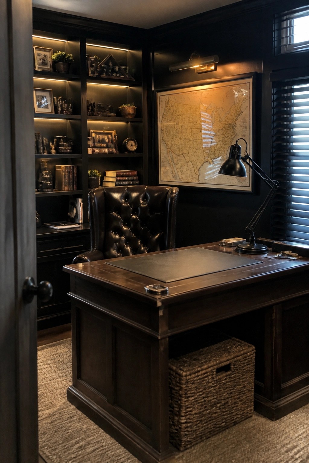 A dark home office featuring built-in shelves with LED strip lighting, a large wooden desk, a tufted leather chair, and a framed map on the wall.