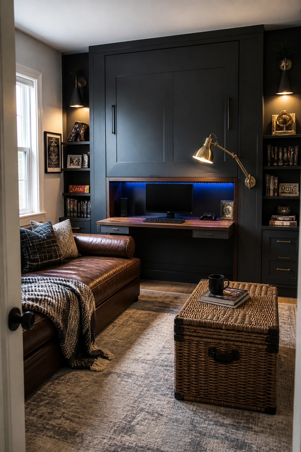 A moody interior room with dark built-in cabinets, a wooden desk lit by blue LED strips and a brass task lamp, a brown leather sofa, and a wicker trunk on a rug.