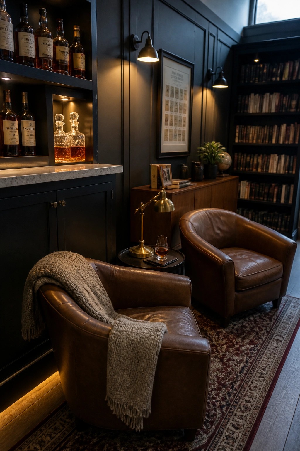 A dark paneled room with two brown leather armchairs on a patterned rug, built-in shelves holding whiskey bottles and decanters, brass wall sconces, and a task lamp on a round side table.