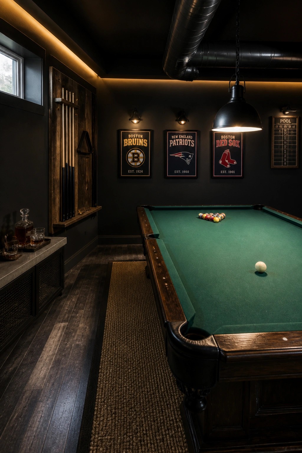 Dark game room with green pool table, Boston sports posters, and cue rack.
