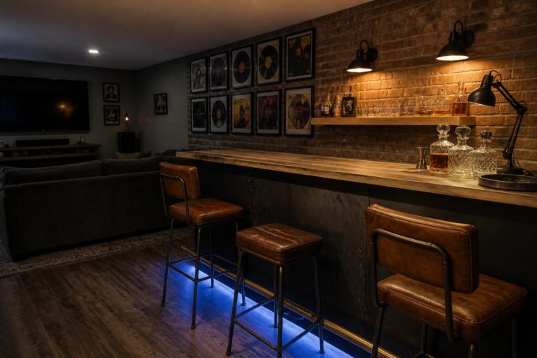 21 Moody Man Cave Ideas Lit With Sconces, LED Strips, and Task Lighting A wooden home bar with three brown leather stools against a brick wall covered in framed album covers, lit by wall sconces and a blue LED strip under the bar edge.
