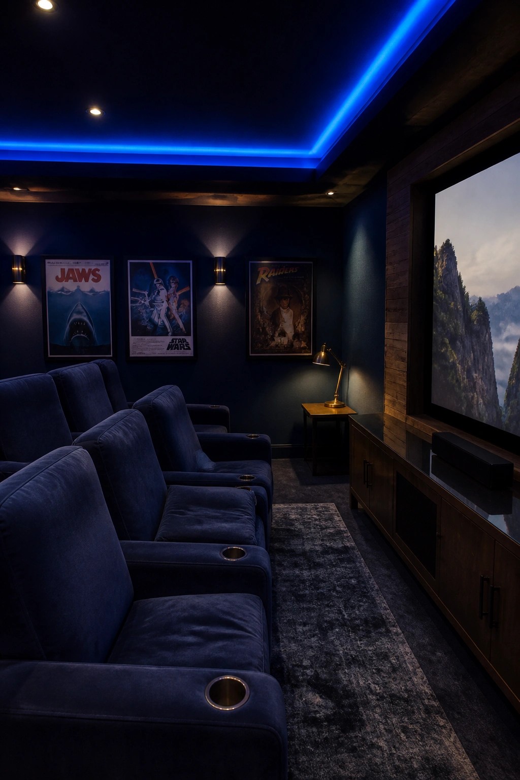 A home theater room with rows of blue velvet seats, three framed movie posters on a dark wall lit by wall sconces, blue LED strip lighting along the ceiling edge, and a large screen on the right.