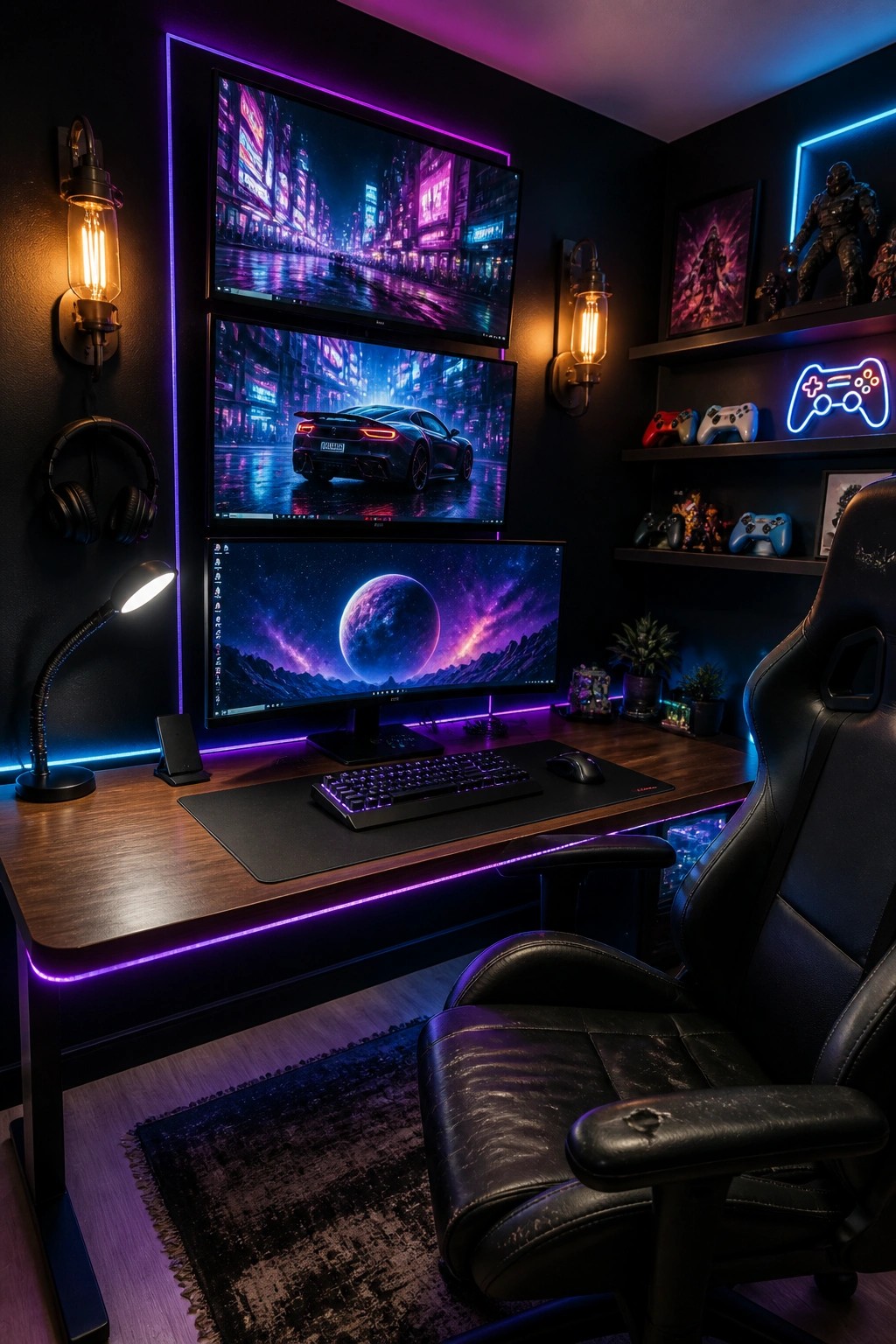 A dark gaming room with three stacked monitors showing cyberpunk and space scenes, purple LED strips outlining the desk and monitors, two wall sconces with warm bulbs, a black gaming chair, and shelves with controllers and figurines.
