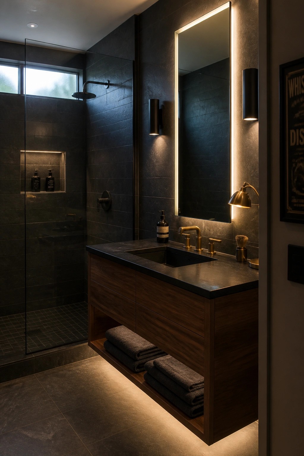 Modern dark-tiled bathroom with wooden vanity, backlit mirror, and glass shower.