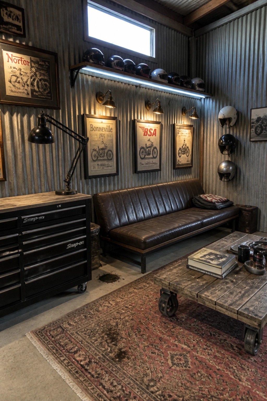 Industrial lounge with leather sofa, motorcycle helmets, vintage posters, tool chest, and wooden table.