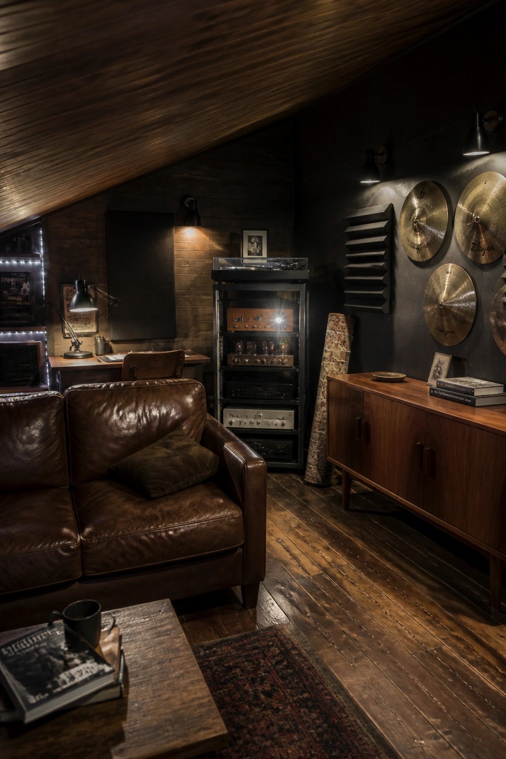 A dark wood paneled room with a brown leather sofa, audio equipment rack, wall mounted cymbals, and mixed lighting from wall sconces and a desk lamp.