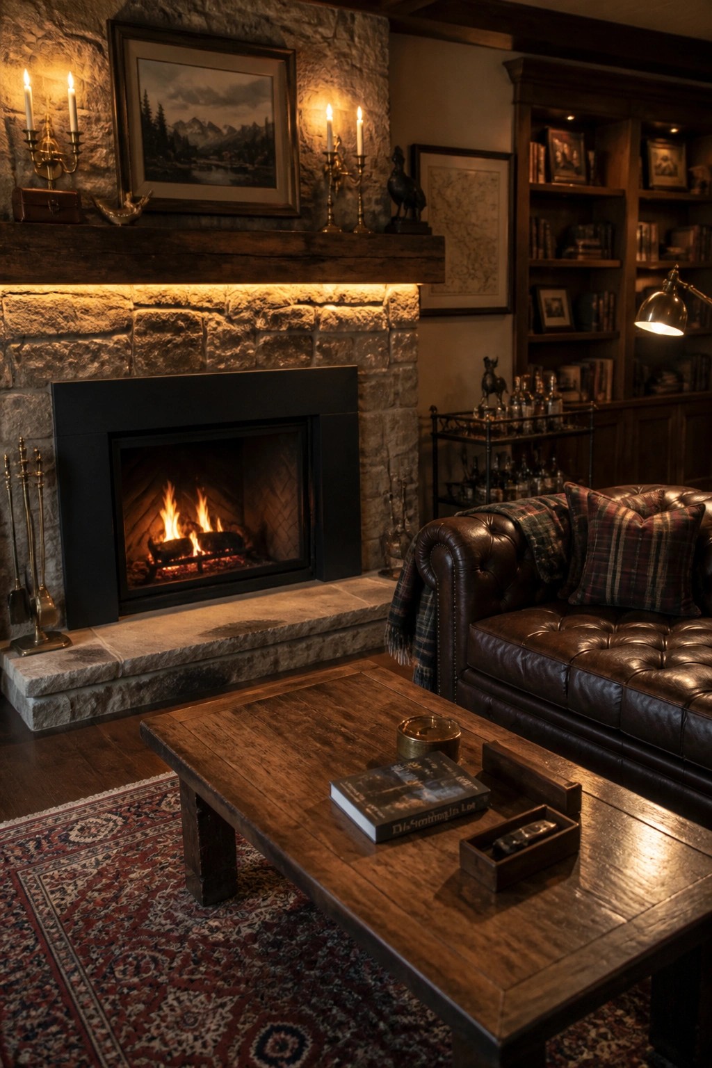 Cozy den with stone fireplace, burning fire, leather sofa, wooden table, and bookshelves