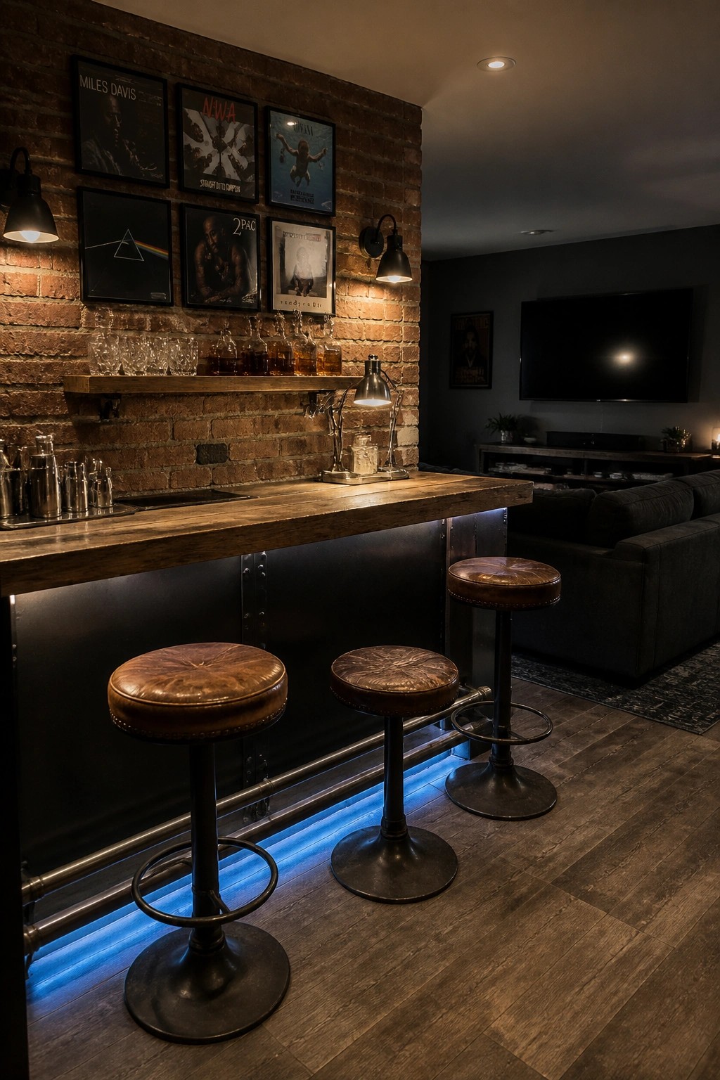 A wooden home bar with three brown leather stools against a brick wall covered in framed album covers, lit by wall sconces and a blue LED strip under the bar edge.